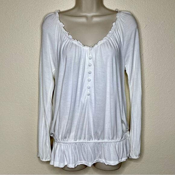 Old Navy Boho Ruffle Neck Long Sleeve Peplum Cream Rayon Shirt Women Medium - Picture 16 of 16